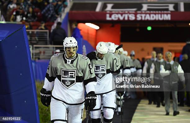 Drew Doughty of the Los Angeles Kings leads his teammates to the ice during the 2015 Coors Light NHL Stadium Series game between the Los Angeles...