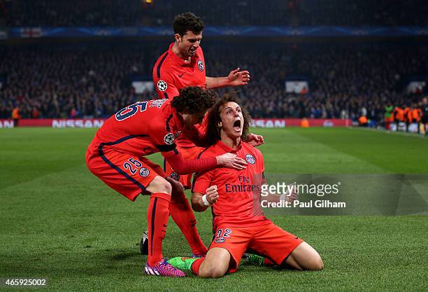 David Luiz of PSG celebrates after scoring a goal to level the scores at 1-1 during the UEFA Champions League Round of 16, second leg match between...