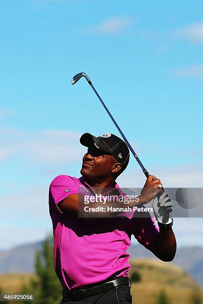 Former West Indies cricketer Brian Lara tees off during day one of the New Zealand Open at Millbrook Resort on March 12, 2015 in Queenstown, New...