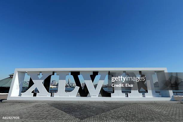 The Super Bowl XLVII sign stands at Pier A in January 30, 2014 Hoboken, New Jersey.The Denver Broncos and the Seattle Seahawks will play in Super...