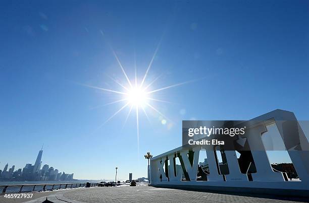 The Super Bowl XLVII sign stands at Pier A in January 30, 2014 Hoboken, New Jersey.The Denver Broncos and the Seattle Seahawks will play in Super...