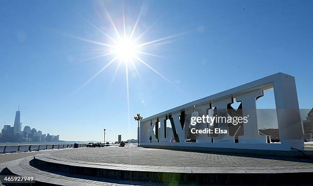 The Super Bowl XLVII sign stands at Pier A in January 30, 2014 Hoboken, New Jersey.The Denver Broncos and the Seattle Seahawks will play in Super...