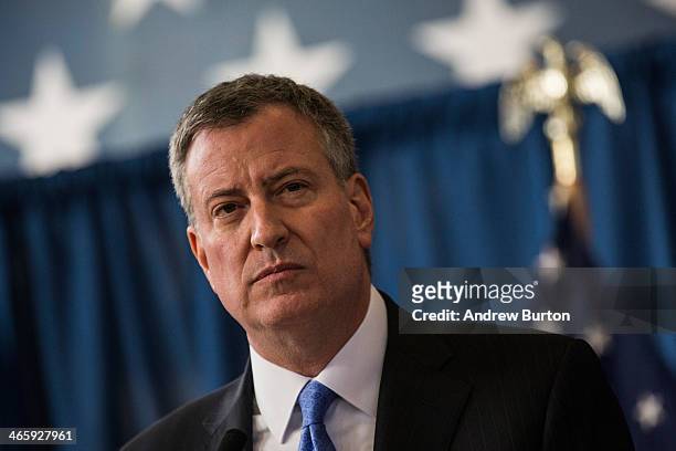 New York City Mayor Bill de Blasio speaks at a press conference to announce the city will not appeal a judge's ruling that the police tactic...