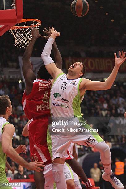 Vladimir Stimac, #51 of Unicaja Malaga in action during the 2013-2014 Turkish Airlines Euroleague Top 16 Date 5 game between Olympiacos Piraeus v...