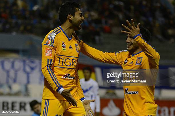 Amaury Escoto celebrates his goal with Damian Alvarez during a match between San Jose Oruro and Tigres UANL as part of Copa Bridgestone Libertadores...