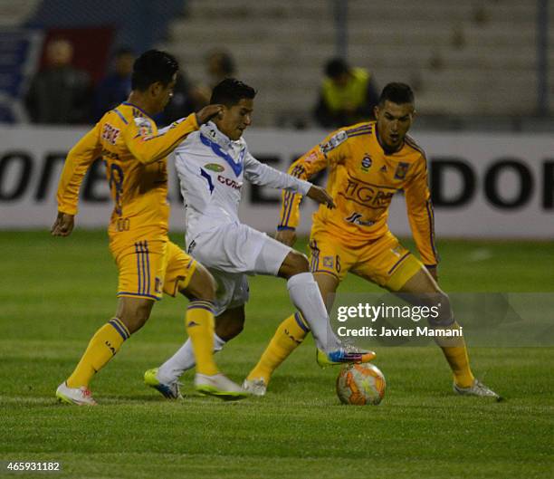 During a match between San Jose Oruro and Tigres UANL as part of Copa Bridgestone Libertadores 2015 at Jesus Bermudez Stadium on March 11, 2015 in...