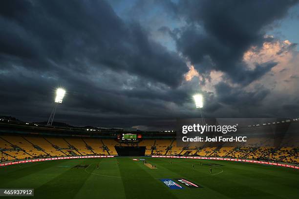 General view of Wellington Regional Stadium during the 2015 ICC Cricket World Cup match between South Africa and the United Arab Emirates at...