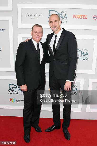 Michael Voss and Ryan "Fitzy" Fitzgerald arrive at the 2015 ASTRA Awards at the Star on March 12, 2015 in Sydney, Australia.