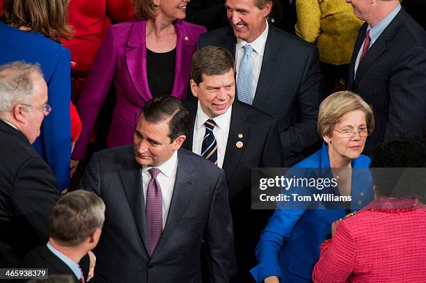 From left, Sens. Ted Cruz, R-Texas, Mark Begich, D-Alaska, Jeff Flake, R-Ariz., and Elizabeth Warren, D-Mass., greet members of Congress upon...