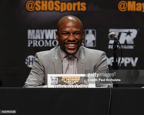 Professional Boxer Floyd Mayweather attends the press conference to announce upcoming fight with Floyd Mayweather and Manny Pacquiao at The Nokia...