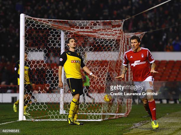Darius Henderson of Nottingham Forest celebrates the equalising goal during the Sky Bet Championship match between Nottingham Forest and Watford at...