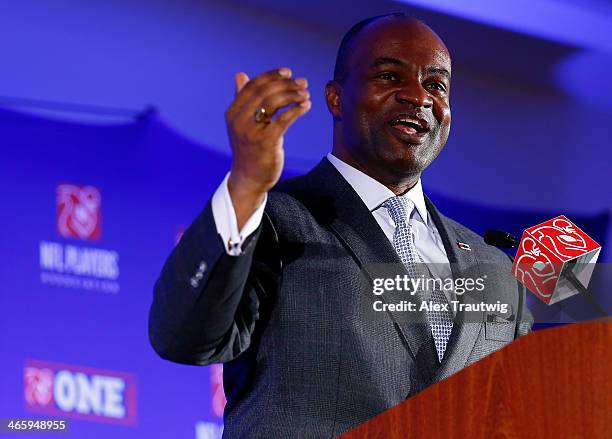 DeMaurice Smith, Executive Director of the National Football League Players Association, speaks during an NFLPA press conference prior to Super Bowl...