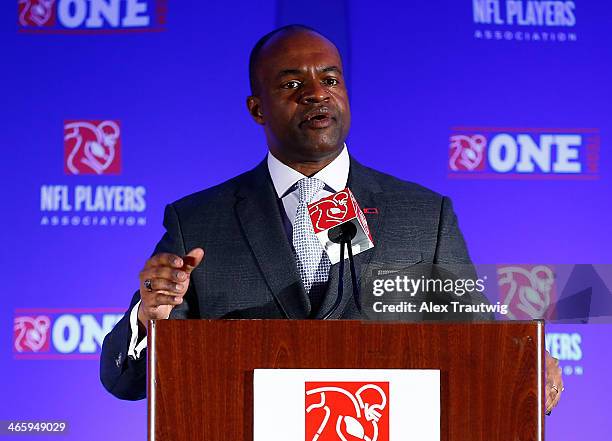 DeMaurice Smith, Executive Director of the National Football League Players Association, speaks during an NFLPA press conference prior to Super Bowl...