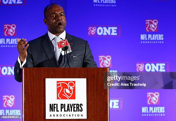 DeMaurice Smith, Executive Director of the National Football League Players Association, speaks during an NFLPA press conference prior to Super Bowl...