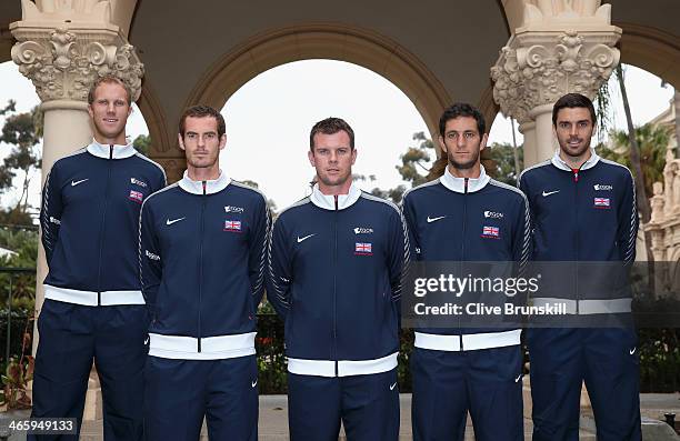 Great Britain's Davis Cup team pose for a team photograph L-R Dominic Inglot,Andy Murray,captain Leon Smith,James Ward and Colin Fleming after the...