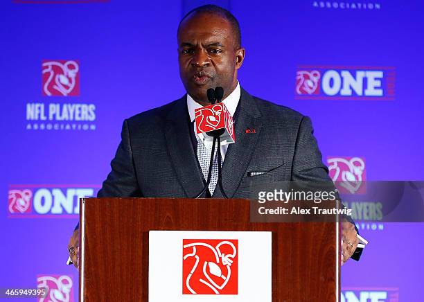 DeMaurice Smith, Executive Director of the National Football League Players Association, speaks during an NFLPA press conference prior to Super Bowl...