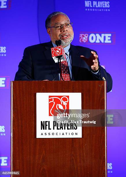 Lonnie Bunch, Director of the National Museum of African American History and Culture, speaks during an NFLPA press conference prior to Super Bowl...