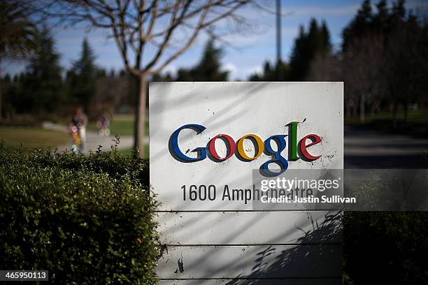 Sign is posted outside of Google headquarters on January 30, 2014 in Mountain View, California. Google reported a 17 percent rise in fourth quarter...