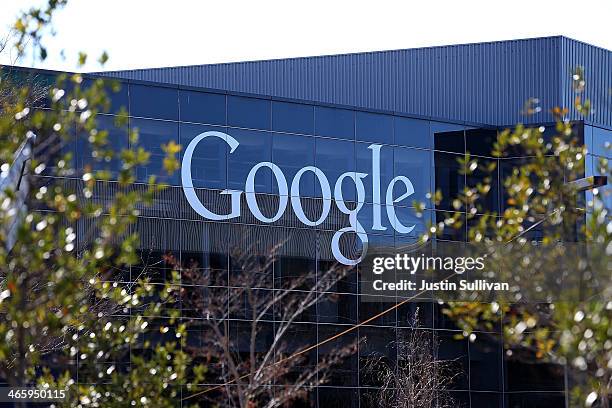 Sign is posted on the exterior of Google headquarters on January 30, 2014 in Mountain View, California. Google reported a 17 percent rise in fourth...