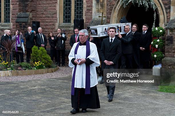 General view as the coffin of Visage star Steve Strange is carried out of All Saints Church on March 12, 2015 in Porthcawl, Wales. Steve Strange was...