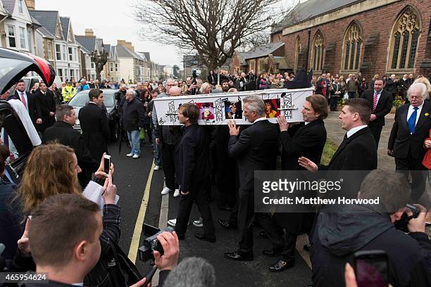 General view as the coffin of Visage star Steve Strange is carried out of All Saints Church on March 12, 2015 in Porthcawl, Wales. Steve Strange was...