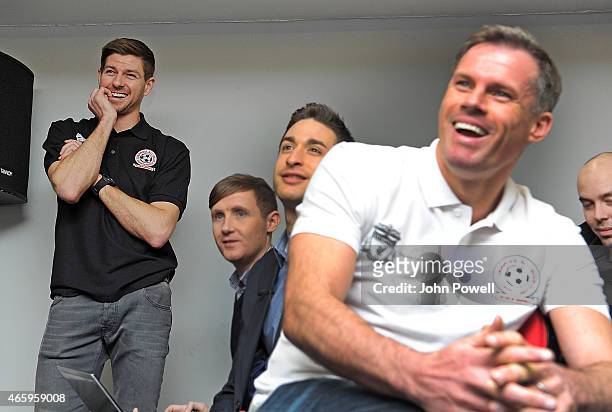 Steven Gerrard and Jamie Carragher of Liverpool during a press conference prior the All-Star Charity Match at Anfield on March 12, 2015 in Liverpool,...