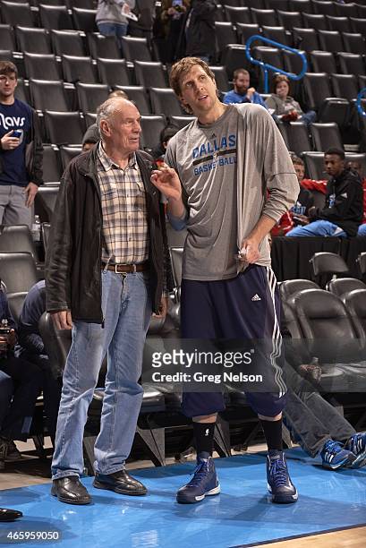 Dallas Mavericks Dirk Nowitzki with former coach, mentor and friend Holger Geschwindner before game vs Oklahoma City Thunder at Chesapeake Energy...