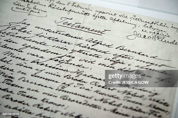 The testament of Swedish scientist Alfred Nobel is displayed during a press meeting on March 12, 2015 prior to the opening of the exhibition "Legacy"...