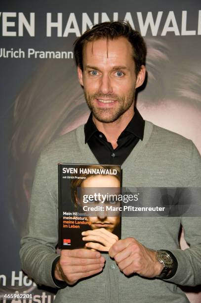 Former ski jumper Sven Hannawald presents his book 'Mein Hoehenflug, mein Absturz, meine Landung im Leben' at the Thalia Bookstore on January 30,...