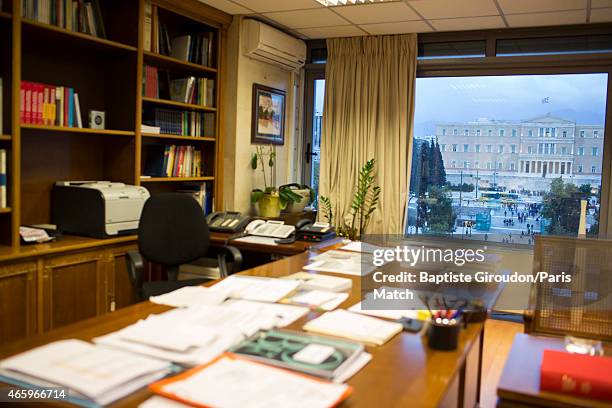 The office belonging to economist and Finance Minister for the Greek government, Yanis Varoufakis, photographed for Paris Match on March 6, 2015 in...