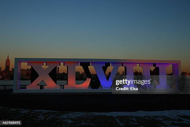 The Super Bowl XLVII sign stands at Pier A in Hoboken, New Jersey.The Denver Broncos and the Seattle Seahawks will play in Super Bowl XLVII on Sunday...