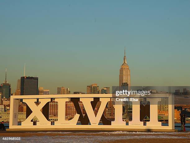 The Super Bowl XLVII sign stands at Pier A in Hoboken, New Jersey.The Denver Broncos and the Seattle Seahawks will play in Super Bowl XLVII on Sunday...