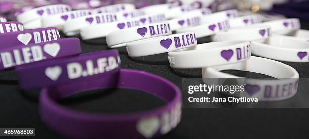 Bracelets are shown for sale on Hockey Talks night in support of Do It For Daron prior to an NHL game between the Tampa Bay Lightning and the Ottawa...