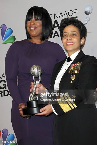 Chairwoman Roslyn Brock and Vice Admiral Michelle Howard pose inside the press room of the 44th NAACP Image Awards held at the Shrine Auditorium on...