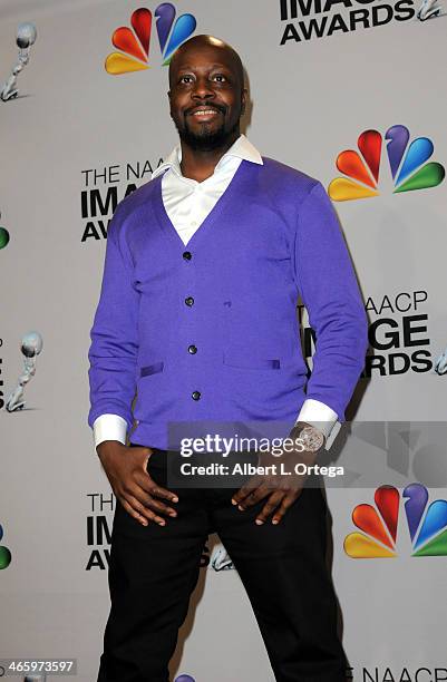 Musician Wyclef Jean poses inside the press room of the 44th NAACP Image Awards held at the Shrine Auditorium on February 1, 2013 in Los Angeles,...