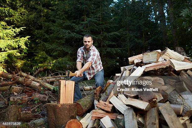 man chopping wood with axe - leña fotografías e imágenes de stock