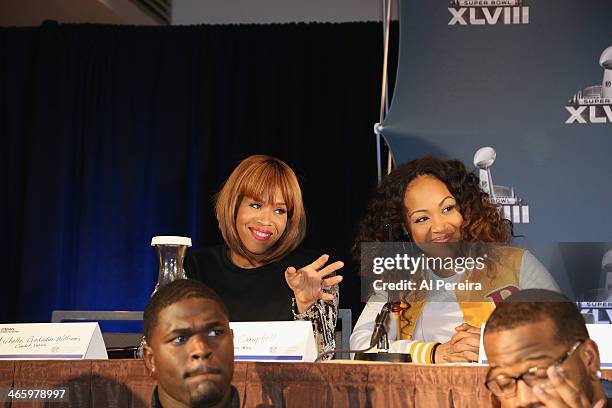 Tina Campbell and Erica Campbell of the gospel duo Mary Mary attend the Super Bowl Gospel Celebration Concert Press Conference at Super Bowl XLVIII...