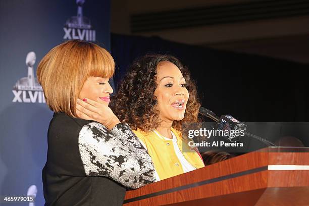 Tina Campbell and Erica Campbell of the gospel duo Mary Mary attend the Super Bowl Gospel Celebration Concert Press Conference at Super Bowl XLVIII...