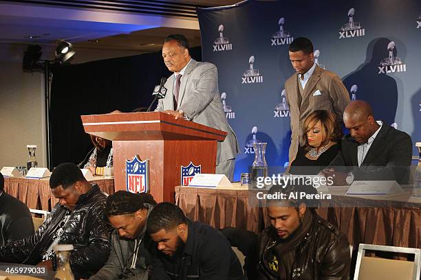 Reverend Jesse Jackson leads a prayer at the Super Bowl Gospel Celebration Concert Press Conference at Super Bowl XLVIII Media Center, Sheraton Times...