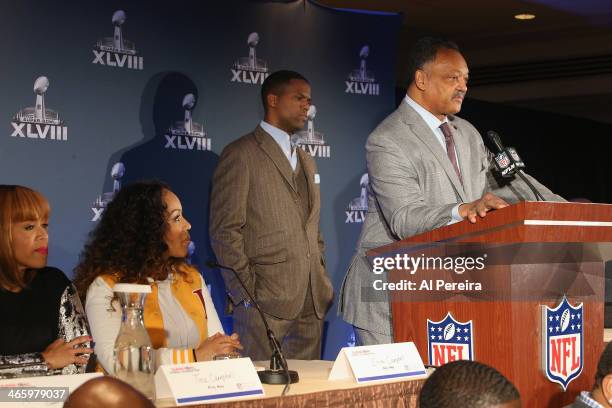 Reverend Jesse Jackson leads a prayer at the Super Bowl Gospel Celebration Concert Press Conference at Super Bowl XLVIII Media Center, Sheraton Times...