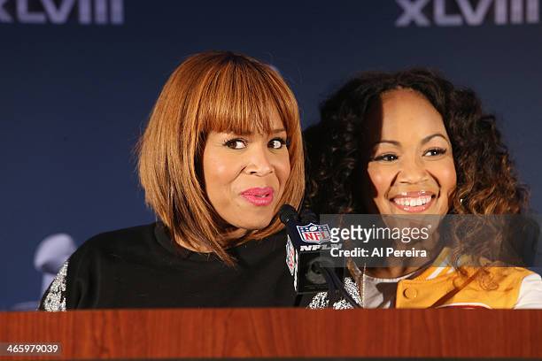 Tina Campbell and Erica Campbell of the gospel duo Mary Mary attend the Super Bowl Gospel Celebration Concert Press Conference at Super Bowl XLVIII...