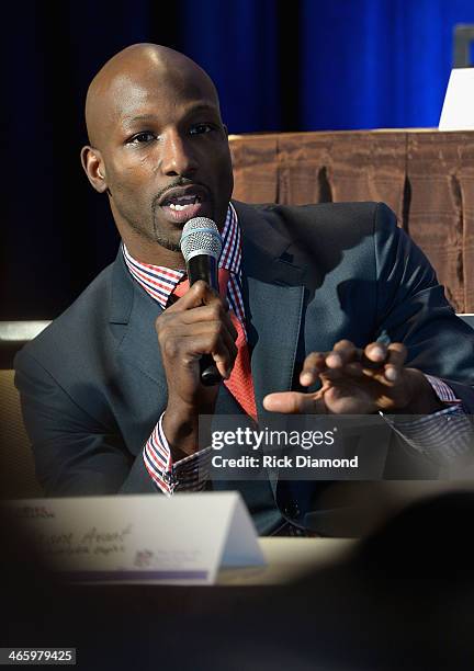 Player Jason Avant speaks at the Super Bowl Gospel Celebration press conference at Super Bowl XLVIII Media Center, Sheraton Times Square on January...