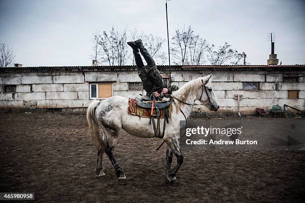 An ethnically Cossack pro-Russian rebel displays his horsemanship during a skills performance on March 12, 2015 in Makeevka, Ukraine. The conflict...