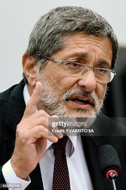 Petrobras former President Jose Sergio Gabrielli speaks during a hearing with the Parliamentary Commission of Inquiry that investigates accusations...