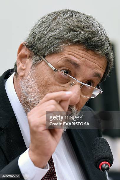 Petrobras former President Jose Sergio Gabrielli speaks during a hearing with the Parliamentary Commission of Inquiry that investigates accusations...