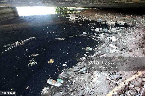 Polluted tributary of Guanabara Bay is shown littered with garbage near Rio de Janeiro on January 30, 2014 in Duque de Caxias, Brazil. Communities...