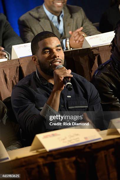 Player Quintin Demps speaks at the Super Bowl Gospel Celebration press conference at Super Bowl XLVIII Media Center, Sheraton Times Square on January...