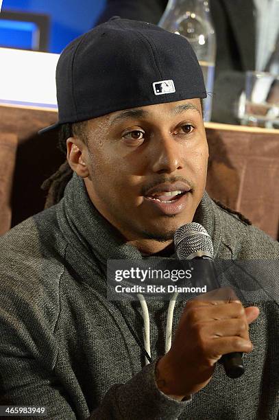 Player Trent Shelton speaks at the Super Bowl Gospel Celebration press conference at Super Bowl XLVIII Media Center, Sheraton Times Square on January...