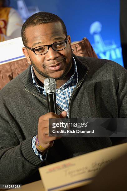 Player Terrence Stephens speaks at the Super Bowl Gospel Celebration press conference at Super Bowl XLVIII Media Center, Sheraton Times Square on...