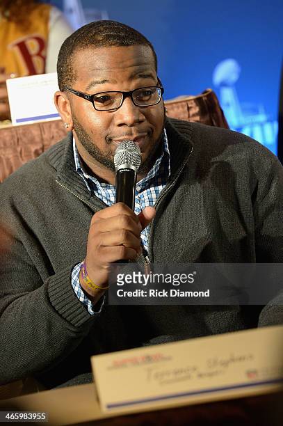 Player Terrence Stephens speaks at the Super Bowl Gospel Celebration press conference at Super Bowl XLVIII Media Center, Sheraton Times Square on...